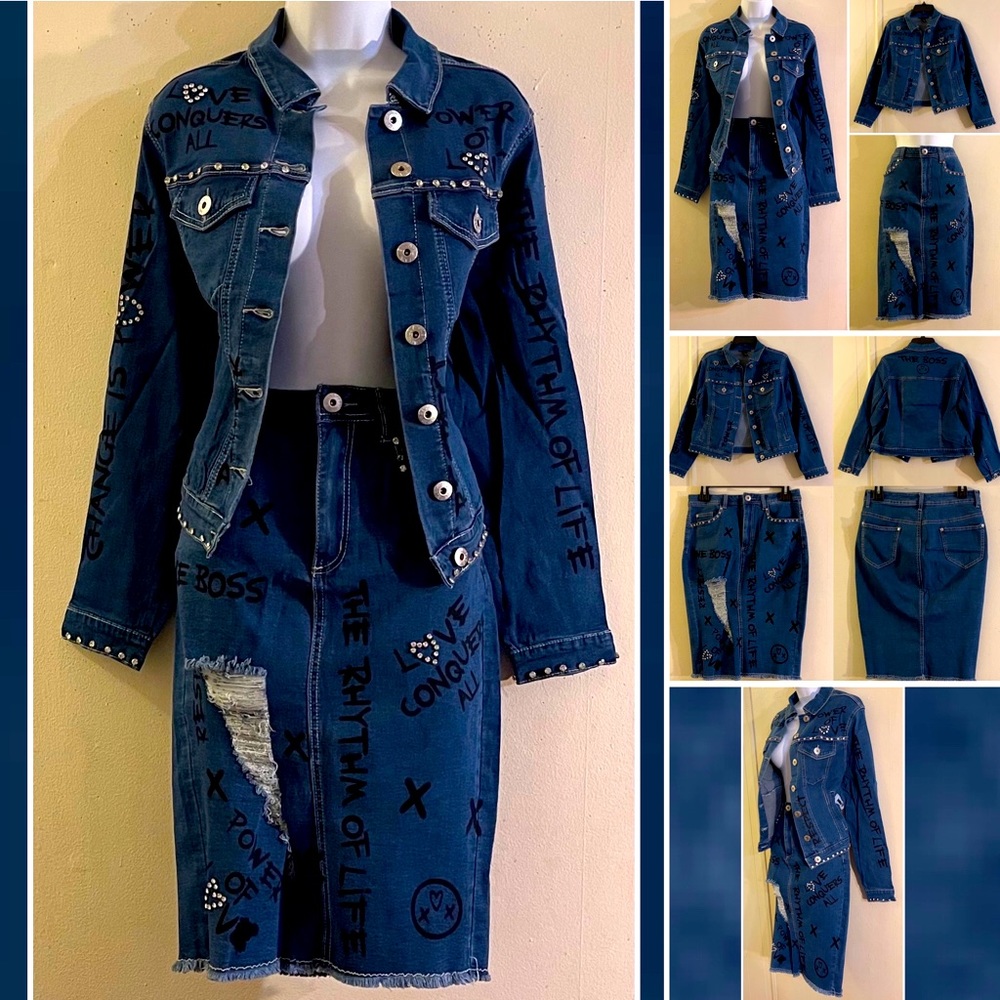 Graffiti Denim Jacket and Graffiti Denim Skirt